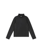 Front view of a black Reima Jr Meriol Fleece Sweater featuring a full-length zipper, soft Seawool knit fabric, smooth low-friction outer face, and extended cuffs with thumb holes.
