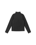 Rear view of a black Reima Jr Meriol Fleece Sweater featuring a full-length zipper, soft Seawool knit fabric, smooth low-friction outer face, and extended cuffs with thumb holes.