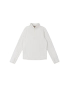 Front view of an off white Reima Jr Meriol Fleece Sweater featuring a full-length zipper, soft Seawool knit fabric, smooth low-friction outer face, and extended cuffs with thumb holes.