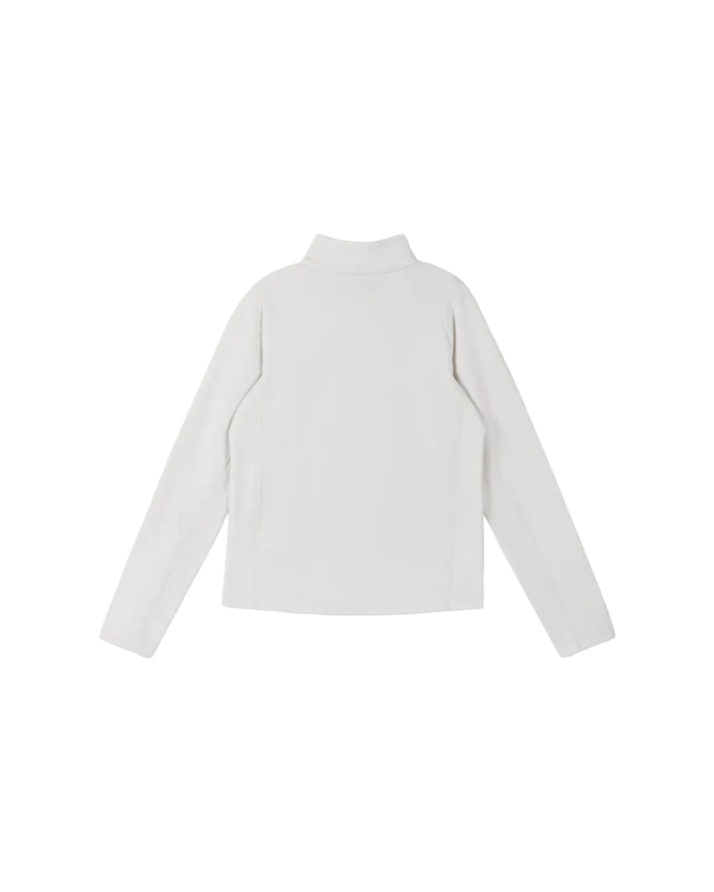 Rear view of an off white Reima Jr Meriol Fleece Sweater featuring a full-length zipper, soft Seawool knit fabric, smooth low-friction outer face, and extended cuffs with thumb holes.