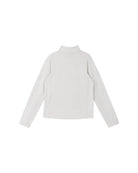 Rear view of an off white Reima Jr Meriol Fleece Sweater featuring a full-length zipper, soft Seawool knit fabric, smooth low-friction outer face, and extended cuffs with thumb holes.