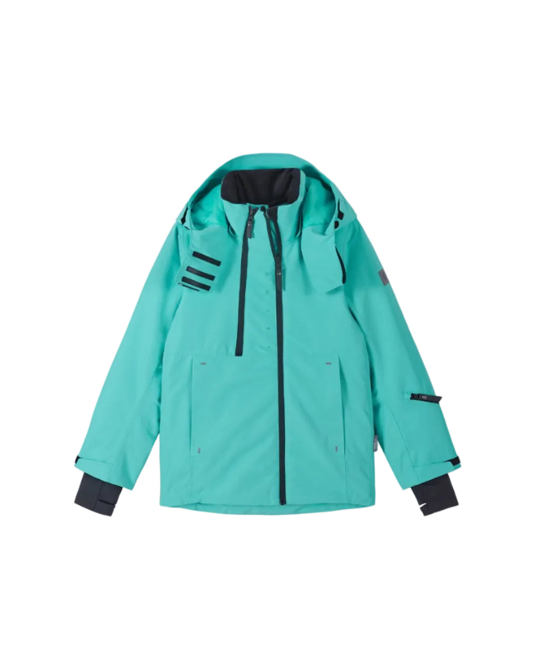 Front view of an aquamarine Reima Jr Perille Jacket featuring a waterproof Reimatec shell, detachable safety hood, zipped sleeve ski pass pocket, and full front zipper storm flap.