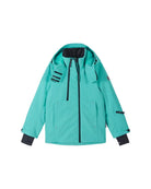 Front view of an aquamarine Reima Jr Perille Jacket featuring a waterproof Reimatec shell, detachable safety hood, zipped sleeve ski pass pocket, and full front zipper storm flap.