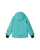 Rear view of an aquamarine Reima Jr Perille Jacket featuring a waterproof Reimatec shell, detachable safety hood, zipped sleeve ski pass pocket, and full front zipper storm flap.