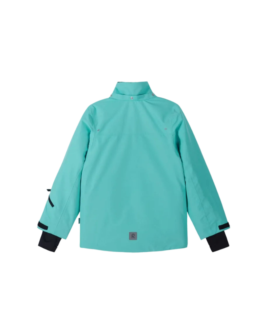 Rear view of an aquamarine Reima Jr Perille Jacket featuring a waterproof Reimatec shell, detachable safety hood, zipped sleeve ski pass pocket, and full front zipper storm flap.