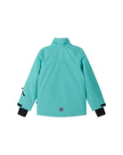 Rear view of an aquamarine Reima Jr Perille Jacket featuring a waterproof Reimatec shell, detachable safety hood, zipped sleeve ski pass pocket, and full front zipper storm flap.
