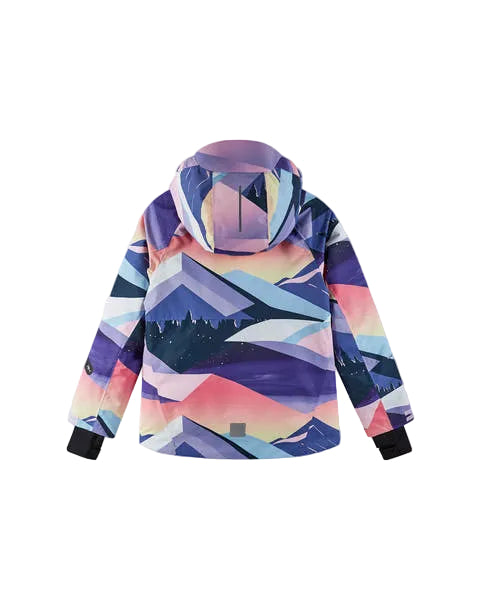 Reima JR Posio Ski Jacket featuring waterproof construction, lightweight insulation, adjustable hood, snow skirt, and a junior-specific fit for winter adventures.