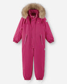 Reima JR Stavanger One-Piece Ski Suit featuring waterproof construction, lightweight insulation, detachable hood, reinforced knees, and full-body winter protection.