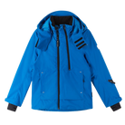 Reima JR Tieten Ski Jacket featuring waterproof construction, lightweight insulation, adjustable hood, snow skirt, and a junior-specific fit for winter adventures.