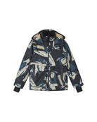 Front view of the Reima Jr Tirro Jacket featuring a waterproof Reimatec shell, detachable safety hood, zipped sleeve ski pass pocket, and full front zipper storm flap.