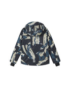Rear view of the Reima Jr Tirro Jacket featuring a waterproof Reimatec shell, detachable safety hood, zipped sleeve ski pass pocket, and full front zipper storm flap.
