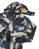 Front view of the Reima Jr Tirro Jacket featuring a waterproof Reimatec shell, detachable safety hood, zipped sleeve ski pass pocket, and full front zipper storm flap.