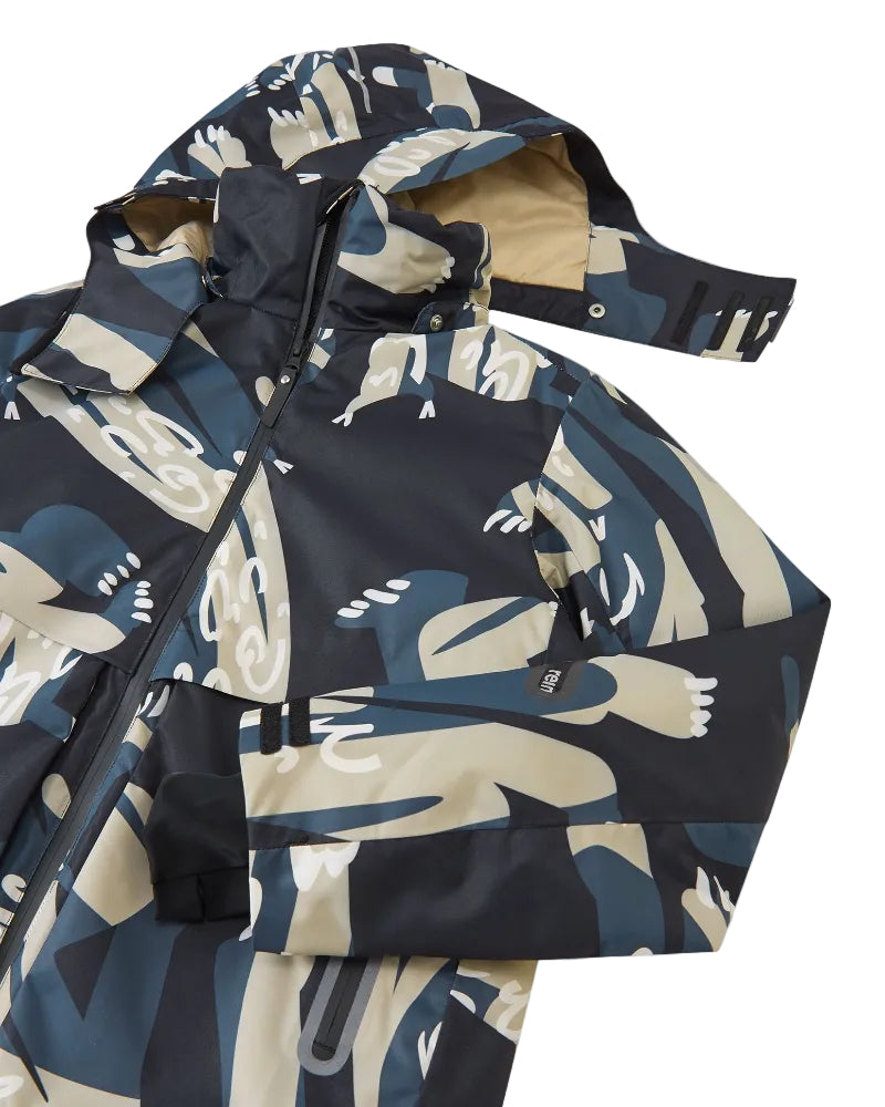 Front view of the Reima Jr Tirro Jacket featuring a waterproof Reimatec shell, detachable safety hood, zipped sleeve ski pass pocket, and full front zipper storm flap.