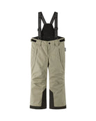 Front view of beige Reima Jr Wingon Pants featuring a waterproof Reimatec shell, detachable elastic suspenders, reinforced knee and hem panels, and zippered hand pockets.