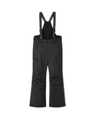 Front view of black Reima Jr Wingon Pants featuring a waterproof Reimatec shell, detachable elastic suspenders, reinforced knee and hem panels, and zippered hand pockets.