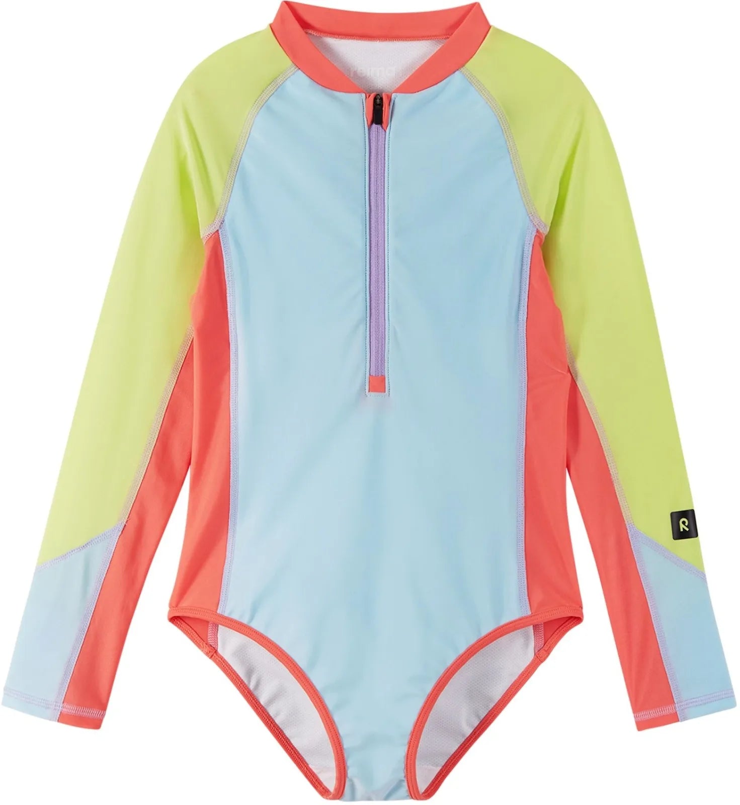 Colorful Reima Junior Aalloilla swimsuit with long sleeves on a white background