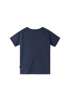 Back of a navy blue Reima Junior Ajatus t-shirt with a blue crab graphic on a white background