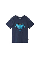 Navy blue Reima Junior Ajatus t-shirt with a blue crab graphic on a white background