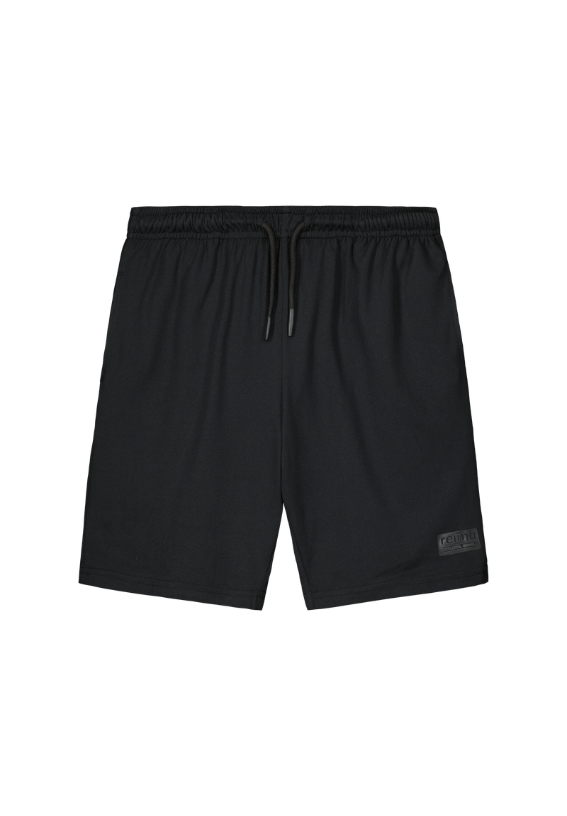 Black Reima Junior Ilmassa Shorts with a drawstring on a white background