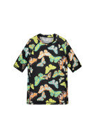 Black Reima Junior Joonia Rash Guard with a colorful butterfly pattern on a white background