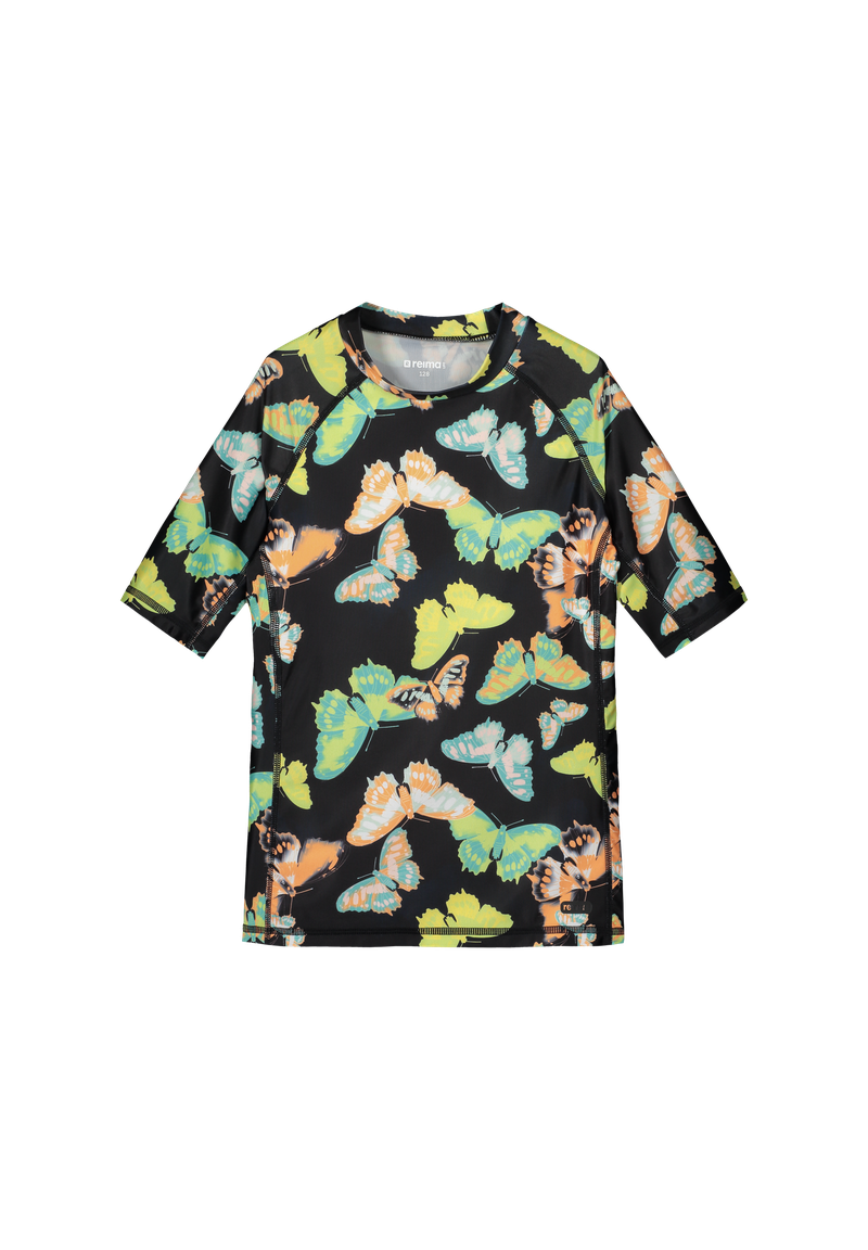 Black Reima Junior Joonia Rash Guard with a colorful butterfly pattern on a white background