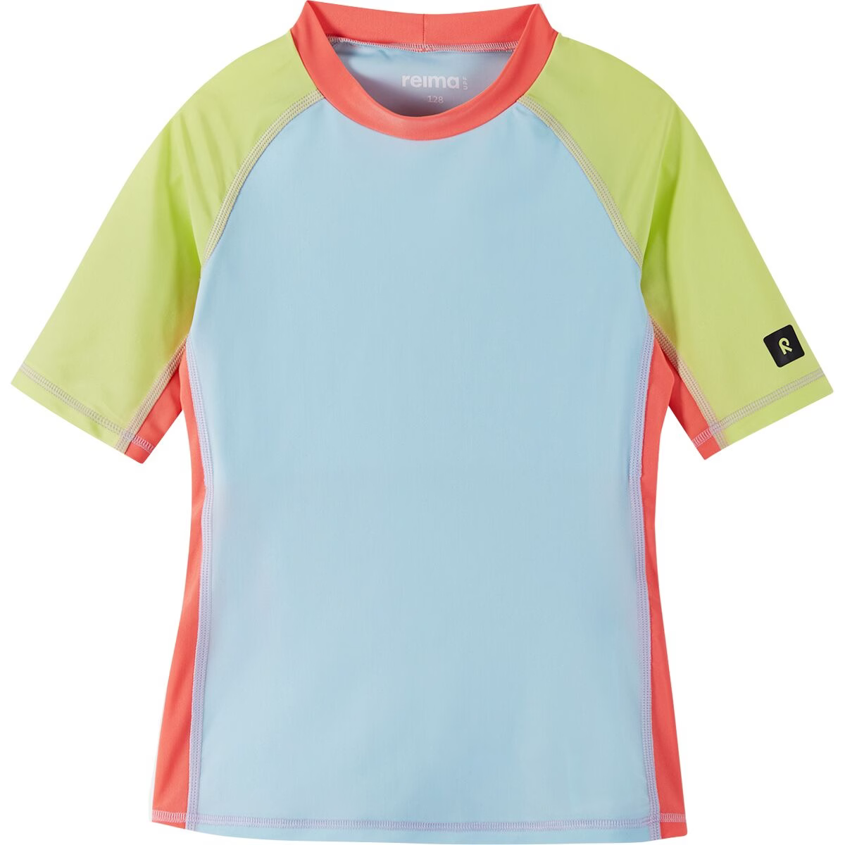 Children's Reima Junior Joonia Rash Guard Swim Top short-sleeve shirt with light blue body and green and red sleeves on a white background