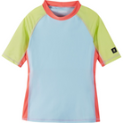 Children's Reima Junior Joonia Rash Guard Swim Top short-sleeve shirt with light blue body and green and red sleeves on a white background