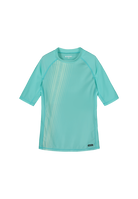 A turquoise Reima Junior Joonia Rash Guard Swim Top on a white background