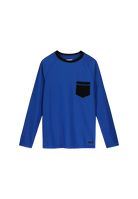 Blue long-sleeve Reima Junior Kroolaus Rash Guard Swim Top with a black pocket on a white background