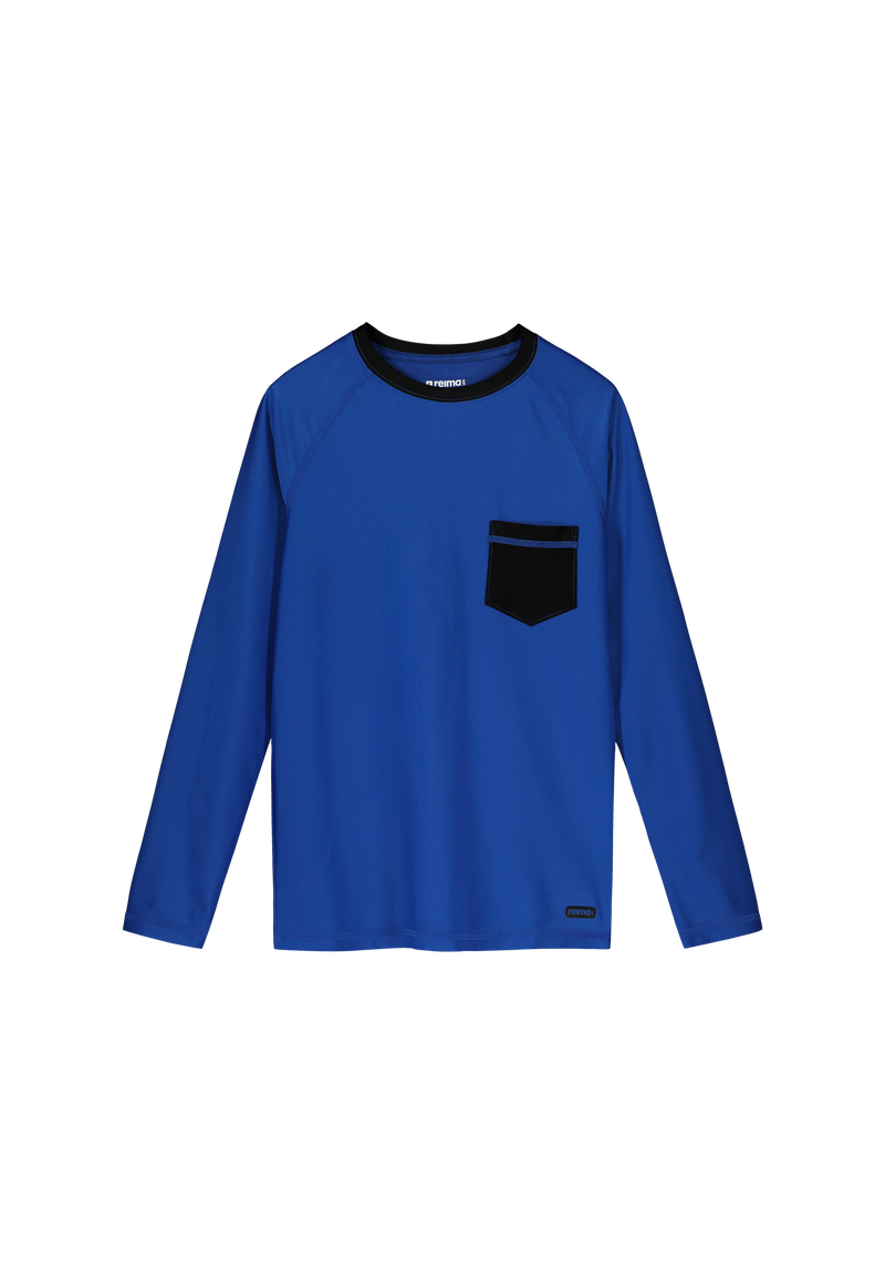 Blue long-sleeve Reima Junior Kroolaus Rash Guard Swim Top with a black pocket on a white background
