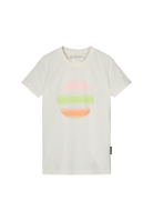 White Reima Junior Lupaava t-shirt with colorful graphic design on a white background