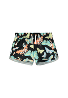 Black Reima Junior Nauru Swim Shorts with a colorful butterfly pattern on a black background