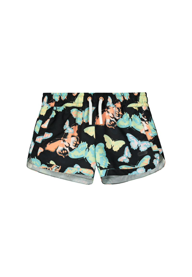 Black Reima Junior Nauru Swim Shorts with a colorful butterfly pattern on a black background