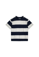 Navy and white striped Reima Junior Rannut t-shirt on a white background
