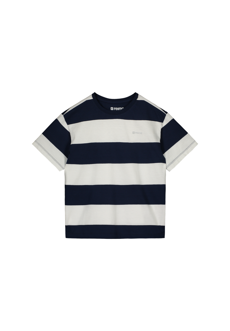 Navy and white striped Reima Junior Rannut t-shirt on a white background