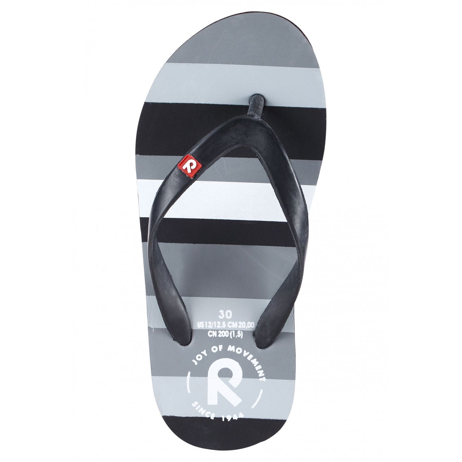 A grey and black striped Reima Junior Silota flip-flop sandal on a white background