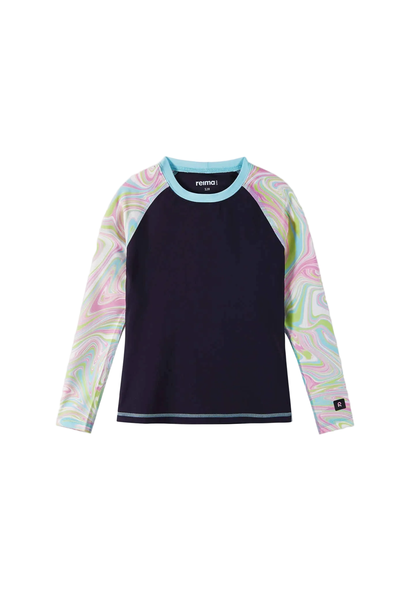 Long-sleeve Reima Junior Sukeltaja Rash Guard Swim Top with colorful pattern on sleeves against a white background