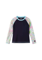 Long-sleeve Reima Junior Sukeltaja Rash Guard Swim Top with colorful pattern on sleeves against a white background
