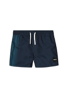 Navy blue Reima Junior Somero swim shorts with a white drawstring on a white background