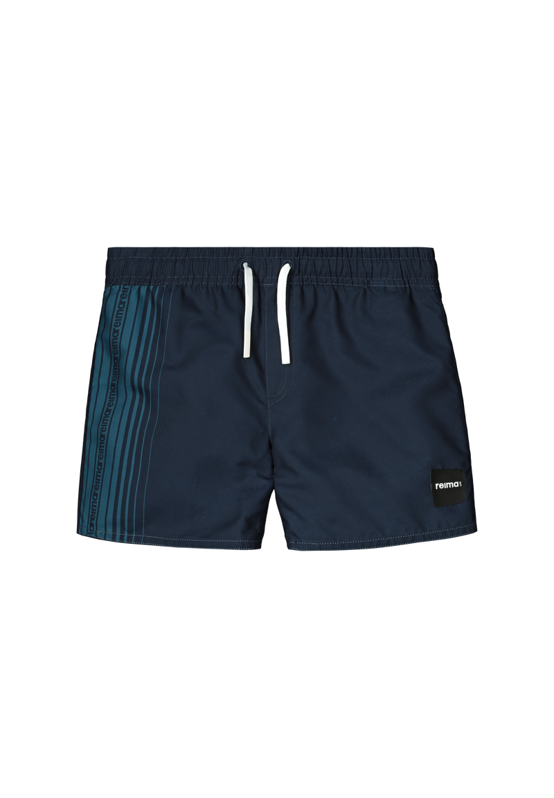 Navy blue Reima Junior Somero swim shorts with a white drawstring on a white background