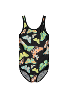A black Reima Junior Uimaan Swimsuit with a colorful butterfly pattern on a white background