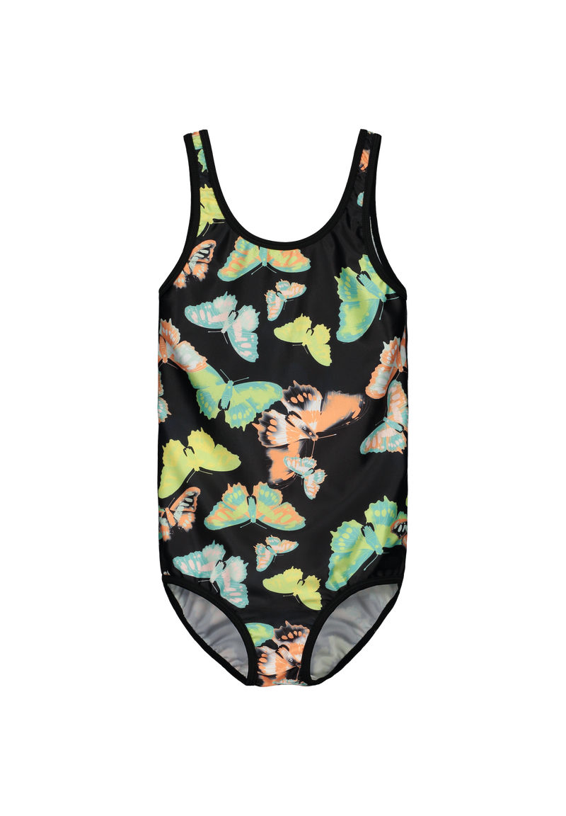 A black Reima Junior Uimaan Swimsuit with a colorful butterfly pattern on a white background