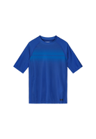 A blue Reima Junior Uiva Rash Guard Swim Top with a light blue striped pattern