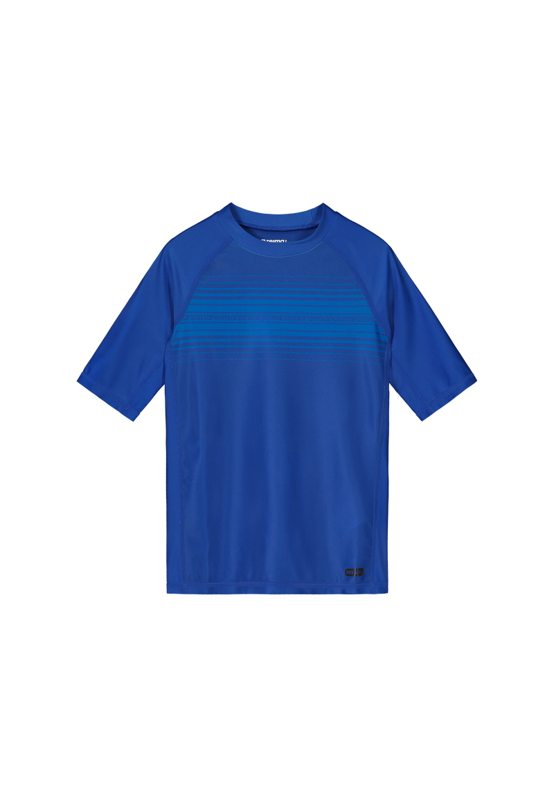 A blue Reima Junior Uiva Rash Guard Swim Top with a light blue striped pattern