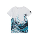 White Reima  Junior Vaihdikas t-shirt with blue and black abstract design on a white background