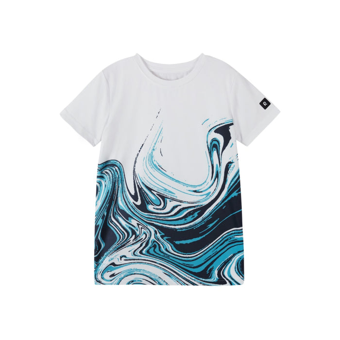 White Reima  Junior Vaihdikas t-shirt with blue and black abstract design on a white background