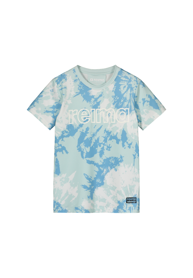 Blue and white tie-dye Reima Junior Vauhdikas T-shirt with Reima branding on a white background