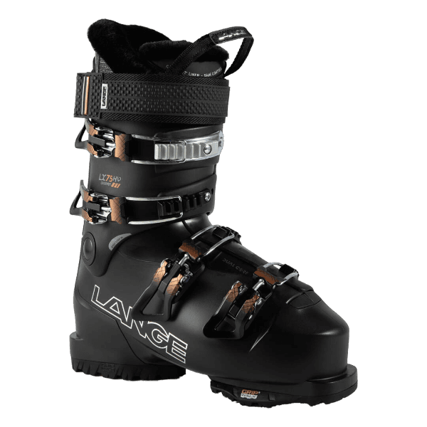 Lange LX W 75 HV ski boots, women's ski boots, high-volume ski boots, beginner ski boots, comfortable fit, adjustable fit, ski boot liners, skiing gear, winter sports gear, ski shop, Lange ski boots, affordable ski boots, Swiss Sports Haus, West Vancouver ski shop.