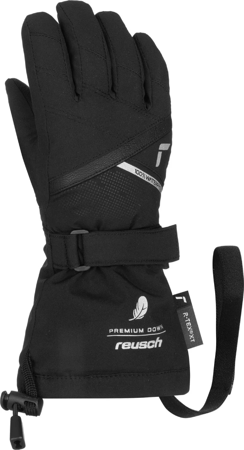 Reusch Kids Kaden Down R-TEX XT Glove in Black with Real Down insulation, waterproof R-TEX XT membrane and long powder cuff.