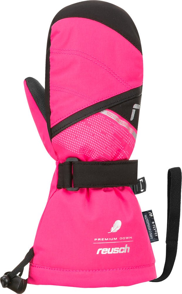 Reusch Kids Kaden Down R-TEX XT Mitten, a warm waterproof children's ski mitten with down insulation for cold winter conditions.
